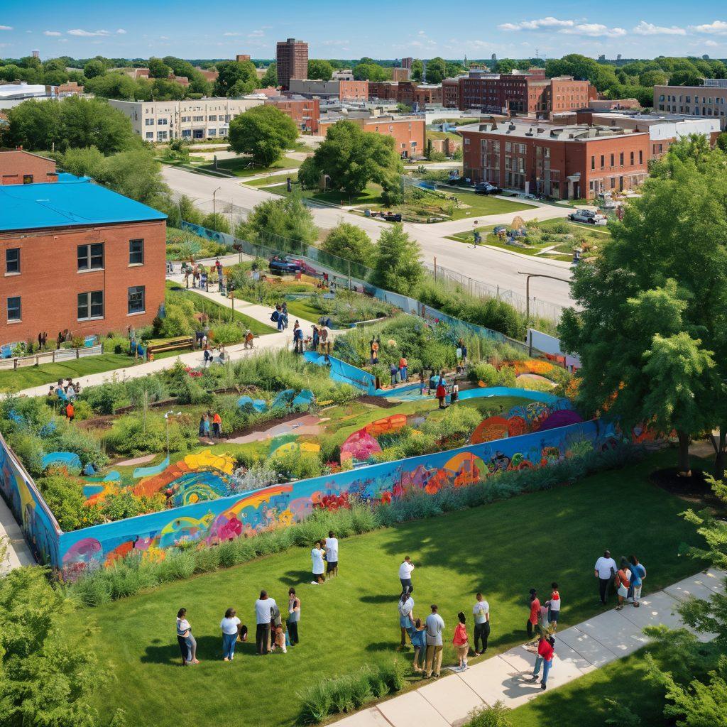 A vibrant community mural showcasing diverse Detroit residents engaging in various local initiatives, surrounded by greenery and neighborhood landmarks. In the foreground, families and individuals collaborate on a community garden, while local artists paint and musicians play in the background. The scene is filled with bright colors representing unity and creativity, with a clear blue sky above. super-realistic. vibrant colors. community-focused.