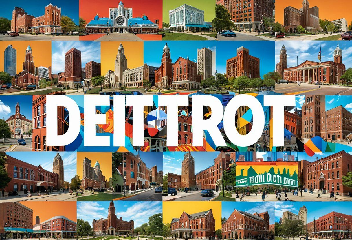 A vibrant collage showcasing diverse Detroit residents engaged in community activities, such as volunteering, attending town hall meetings, and collaborating on local initiatives. Include iconic Detroit landmarks in the background, with bold text highlighting 'Empowering Communities.' Capture the essence of unity and civic pride with warm colors and dynamic scenes. super-realistic. vibrant colors. 3D.