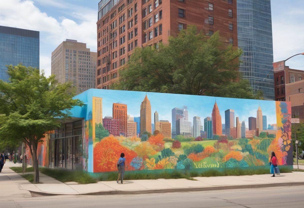 A bustling urban scene in Detroit, showcasing a diverse group of people engaging with various public resources like libraries, community centers, and parks. Vibrant murals reflect local culture on building walls, while greenery adds a refreshing touch to the cityscape. Features tall skyscrapers in the background symbolizing growth and hope. Illustrate clear signage indicating different community programs available. super-realistic. vibrant colors.